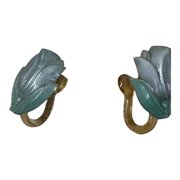 Vintage Floral Clip-On Earrings Pastel Blue Tulip 3d Flower Petite Small Girl - Picture 6 of 7
